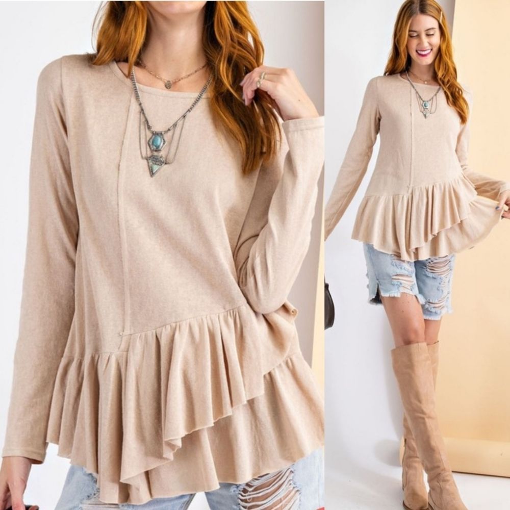 Beige Ruffle Hem Long Sleeve Top